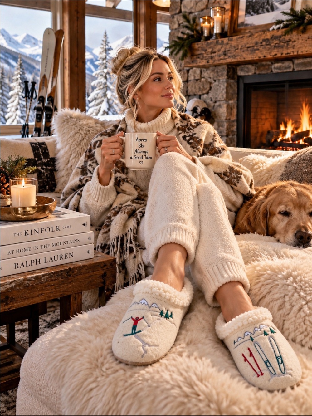 LandsEnd Women’s Felt Scuff Slippers, Warm Sherpa Lined, Oatmeal Snow Skiers